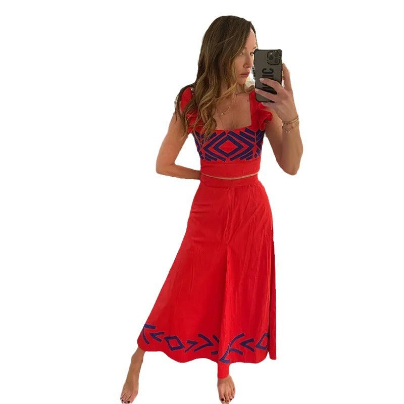 Joan – Geometrisch bedrucktes hoch tailliertes Trägerkleid mit fliegenden Ärmeln im Zweiteiler-Set