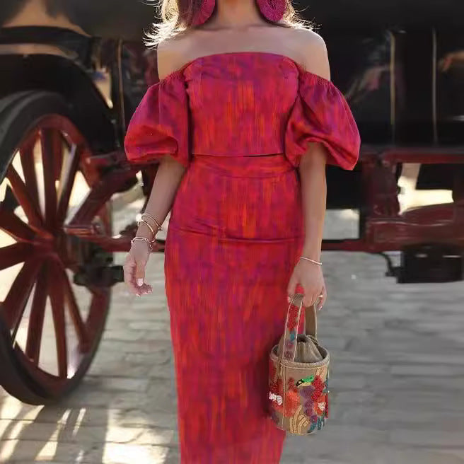 Shannon – Elegantes Bandeau-Ein-Schulter Puffärmel Top mit Midikleid-Set