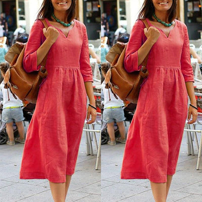 Damen Leinenkleid mit 3/4-Ärmeln – Lockeres Boho Midikleid für Alltag und Urlaub