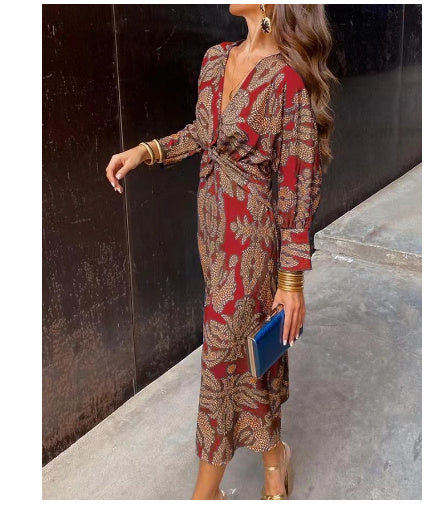 Damen Maxi-Kleid mit geometrischem Muster – Elegantes Business- und Freizeitkleid im Boho-Stil