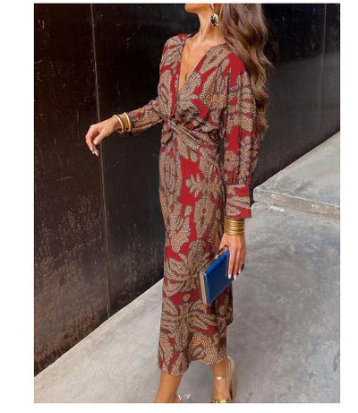 Damen Maxi-Kleid mit geometrischem Muster – Elegantes Business- und Freizeitkleid im Boho-Stil