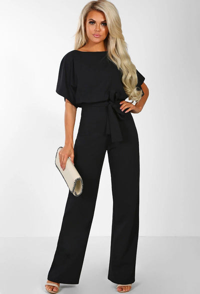 Damen Jumpsuit mit weitem Bein und Bindegürtel – Eleganter Einteiler für Büro, Alltag & Events