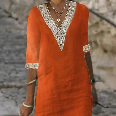Rose – Schlichtes V-Ausschnitt Kleid mit mittellangen Ärmeln aus Baumwolle-Leinen