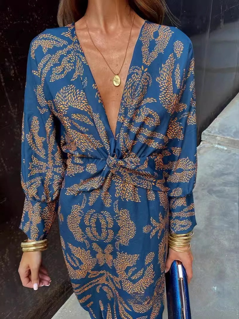 Damen Maxi-Kleid mit geometrischem Muster – Elegantes Business- und Freizeitkleid im Boho-Stil