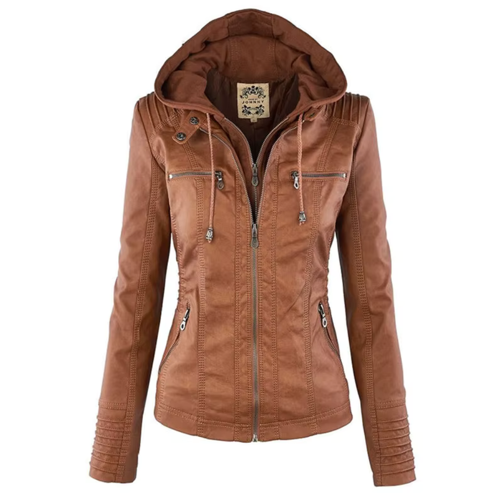 Maja – Stylische Damen-Lederjacke mit Kapuze