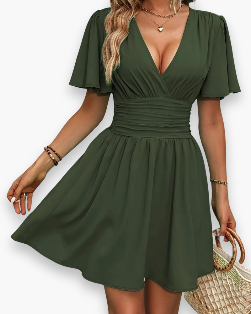 Damen Elegantes Gerafftes Kleid | V-Ausschnitt Midi