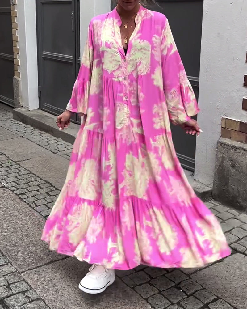 Maxikleid mit Print, Volantärmeln & Stehkragen – Stilvoll & Luftig