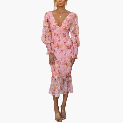 Blumen Midi Kleid mit Puffärmeln - elegantes Damen Sommerkleid