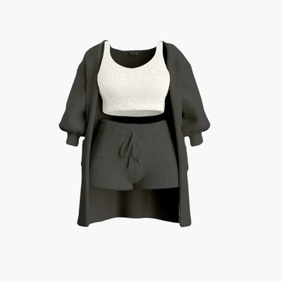Loungewear Set - Damen Strick Outfit 3-teilig mit Cardigan