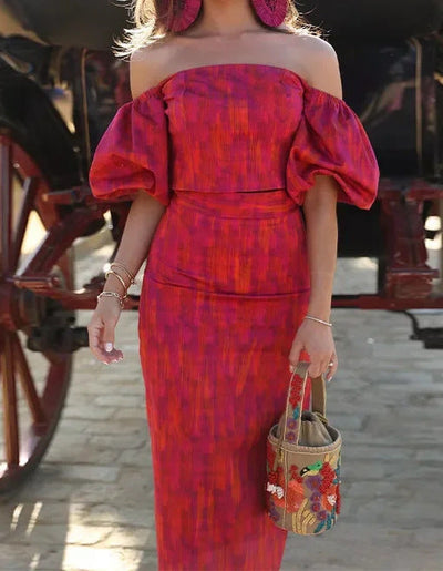 Shannon – Elegantes Bandeau-Ein-Schulter Puffärmel Top mit Midikleid-Set