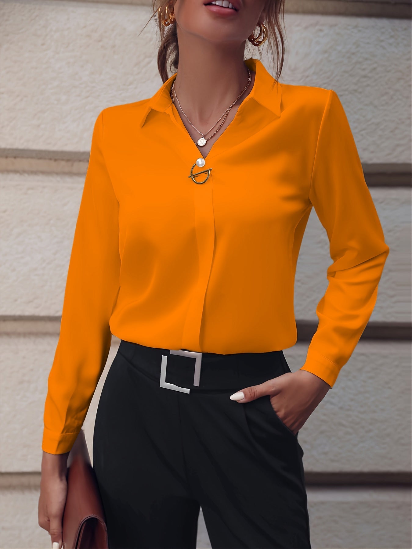 Damen Elegante Bluse mit Metall-Dekor – Business & Freizeit, Langarm, Slim Fit