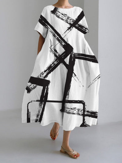 Damen Maxikleid Retro Kunststil mit Blumenmuster – Sommerkleid für Alltag & Urlaub, lockerer Schnitt