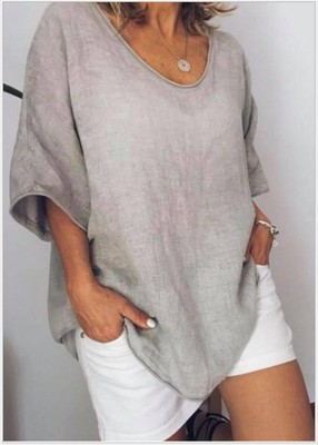 Damen Lockeres Kurzarm Leinen T-Shirt – Sommer Freizeit Bluse im Oversize Look
