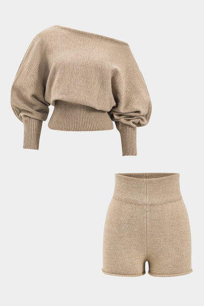 Luana | Stylishes Strick-Zweiteiler-Set mit One-Shoulder-Pullover & High-Waist-Shorts