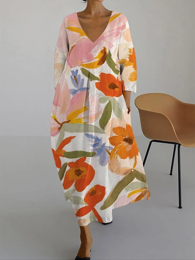 Lucasta – Bequemes Kleid Mit V-Ausschnitt Und Blumen Drucken