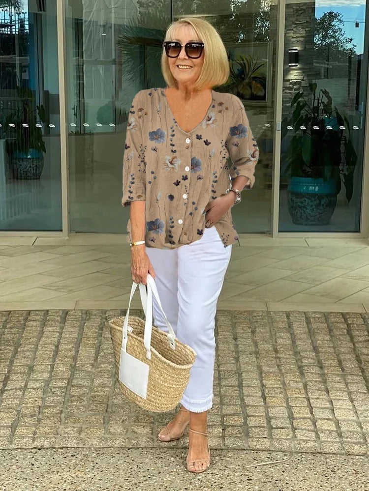 Barbara™ | Baumwolle und Leinen Blumenmuster Top