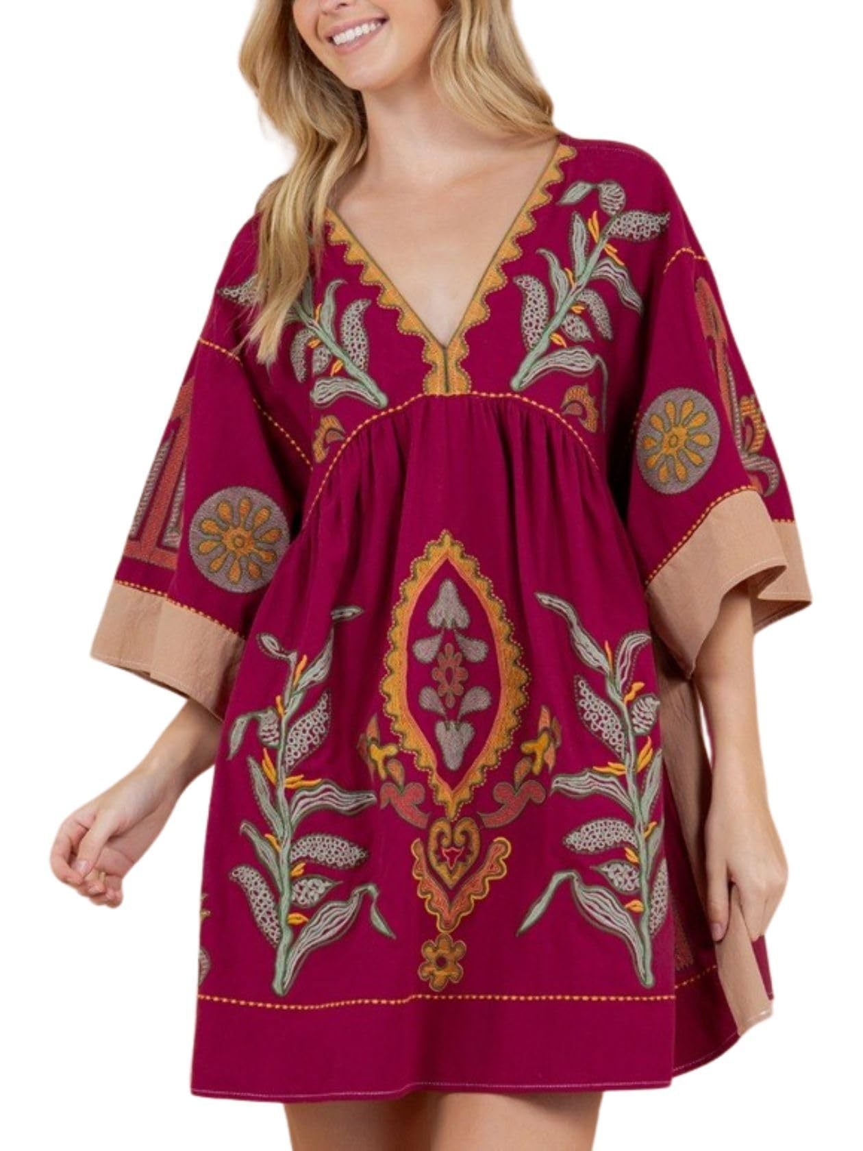 Fiona – Floral Bedrucktes 34-Ärmel V-Ausschnitt Kleid