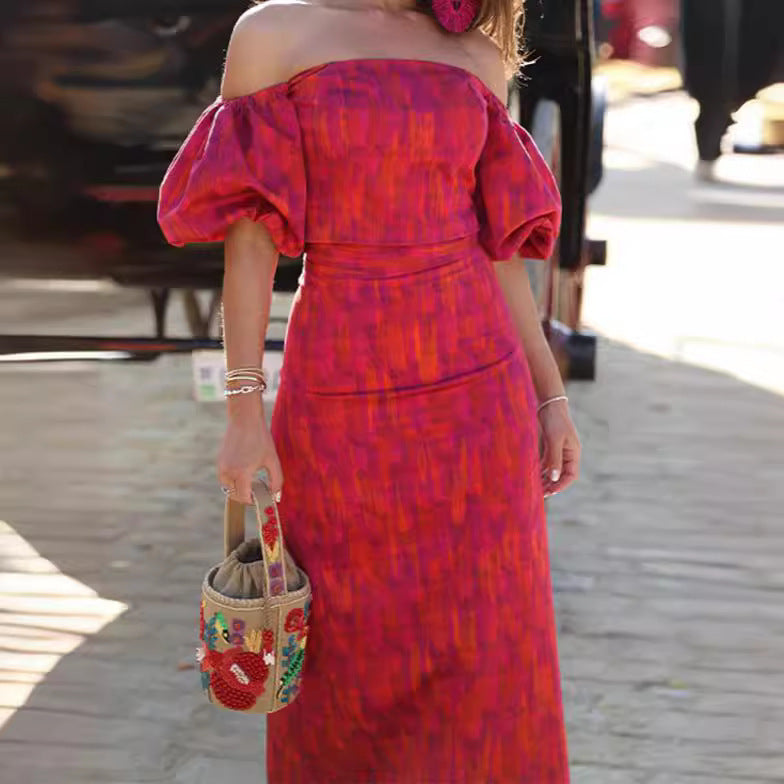 Shannon – Elegantes Bandeau-Ein-Schulter Puffärmel Top mit Midikleid-Set