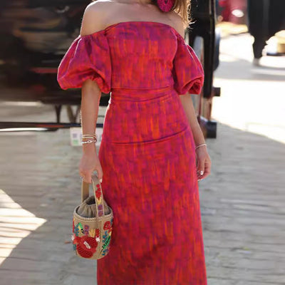 Shannon – Elegantes Bandeau-Ein-Schulter Puffärmel Top mit Midikleid-Set