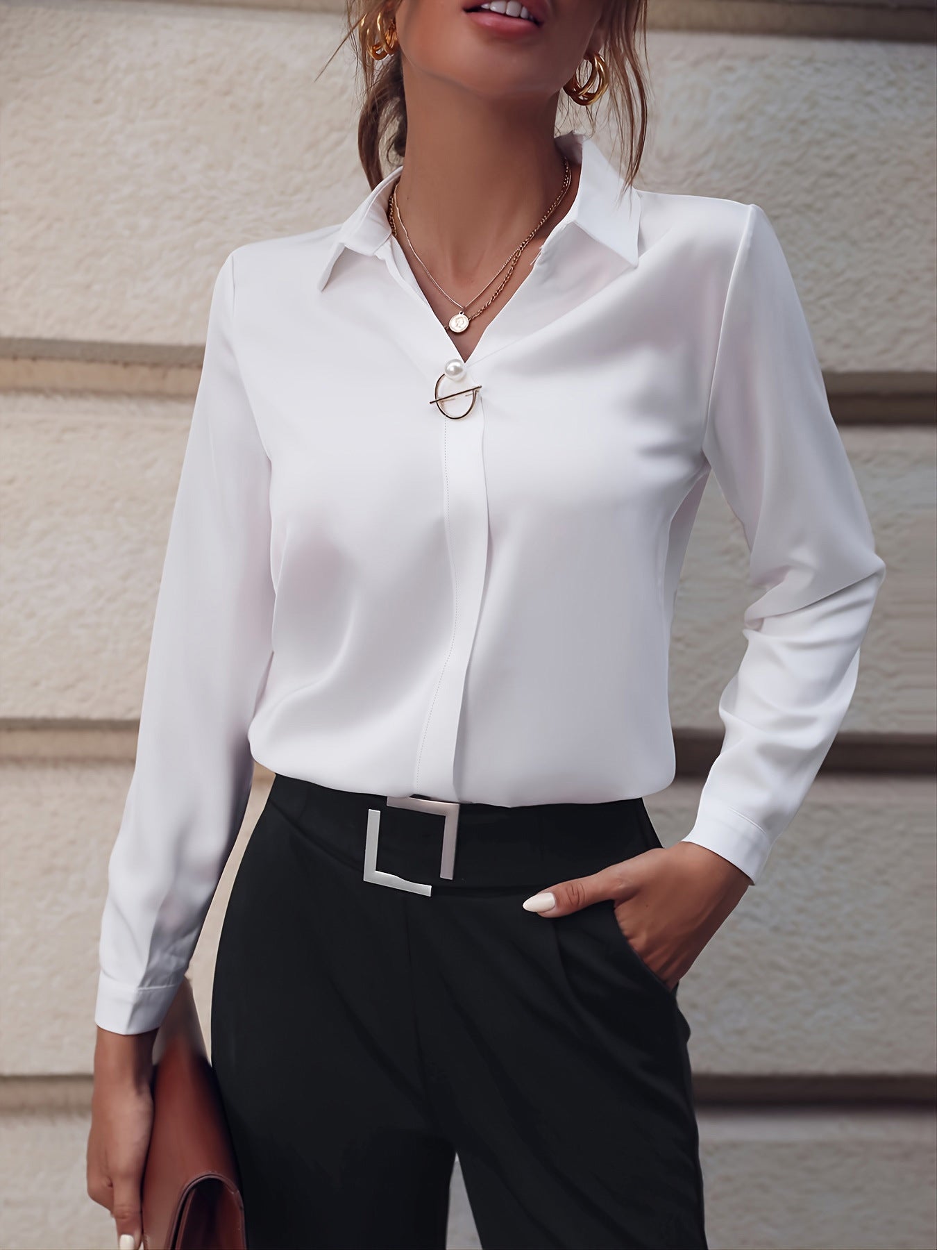 Damen Elegante Bluse mit Metall-Dekor – Business & Freizeit, Langarm, Slim Fit