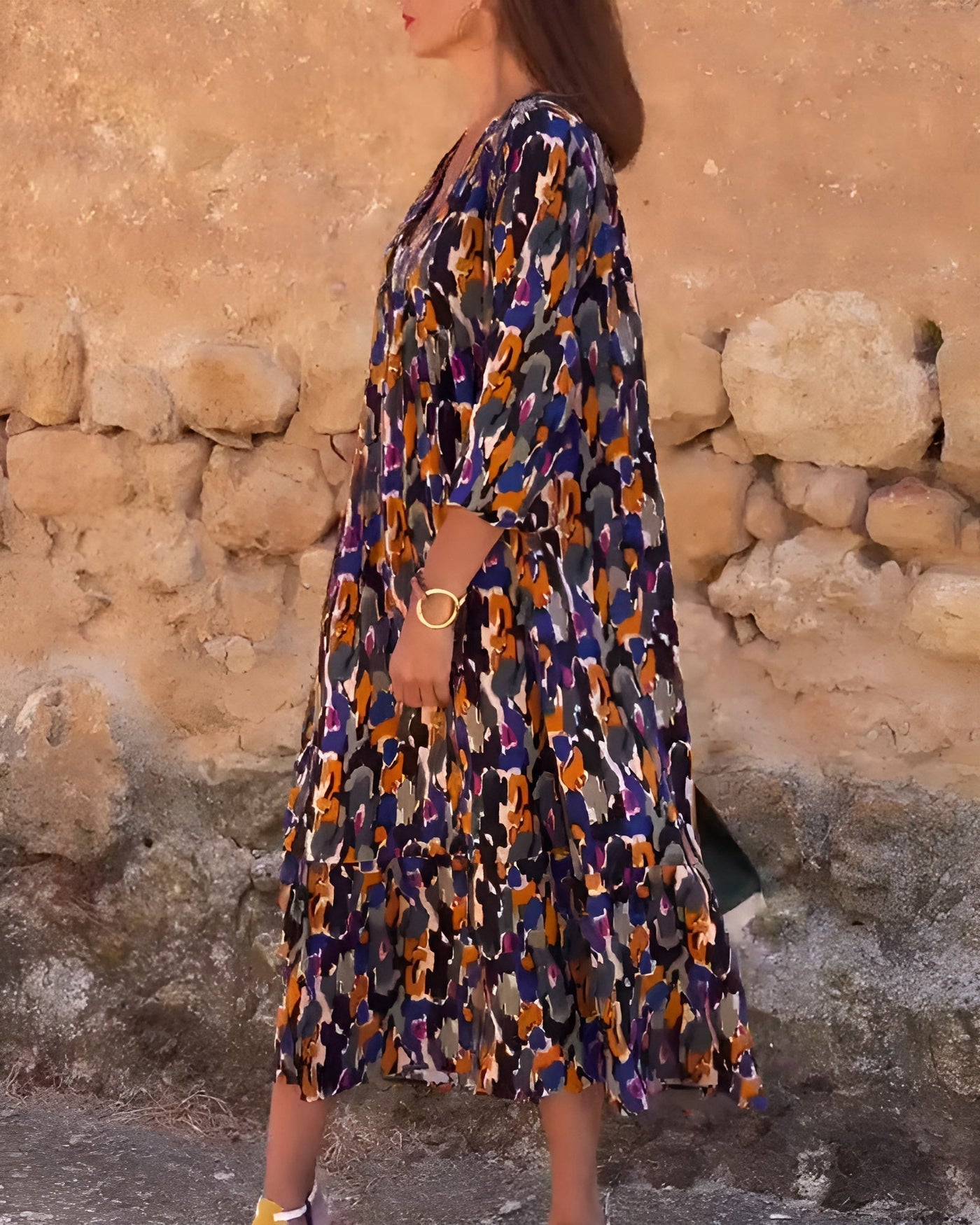 VIOLETTA | Langes V-Ausschnitt Kleid mit Retro-Muster und Elegantem Komfort für Jeden Anlass