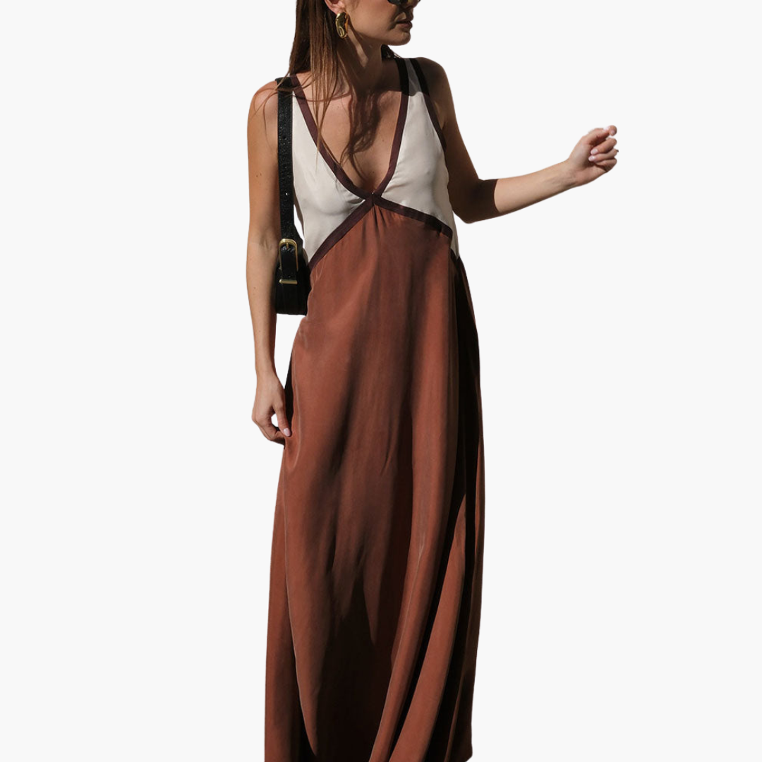 Leichtes V-Ausschnitt Maxi-Kleid für Frauen - Farbblock Design