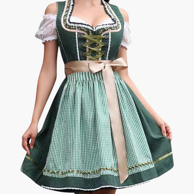 Oktoberfest Dirndl 2025 mit Spitzenbesatz und Karoschürze für Damen