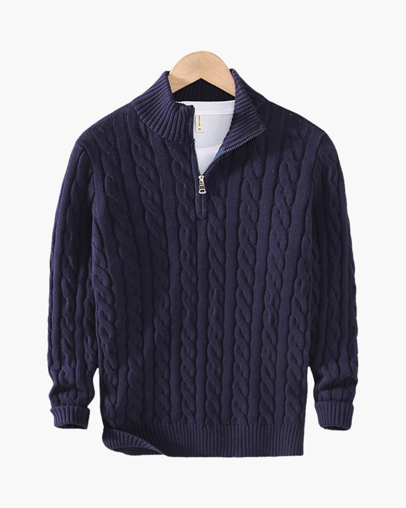 Carson |  Marineblau Zopfmuster-Pullover 3-teiliges Set mit hose & Wildleder-Loafer