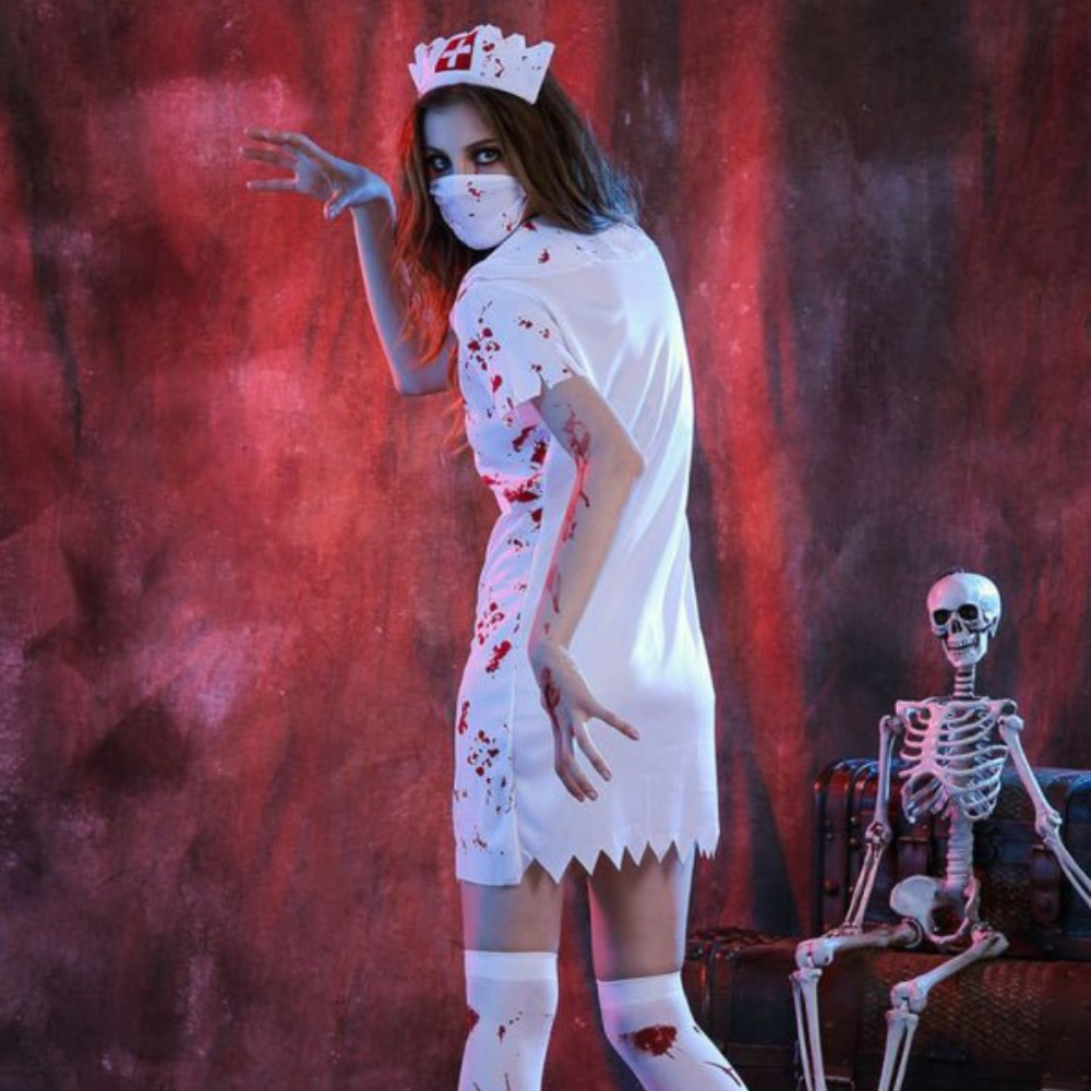 Damen Halloween Kostüm | Kurzarm Kleid mit Blutflecken und Reißverschluss