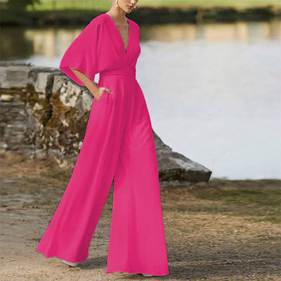 Eleganter Damen-Jumpsuit mit weitem Bein, V-Ausschnitt und halblangen Ärmeln