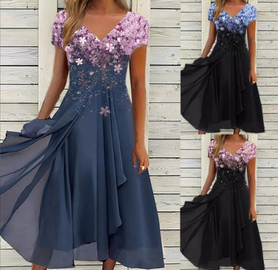 Damen Chiffon A-Linienkleid mit Blumenmuster und V-Ausschnitt – Elegantes Sommerkleid für besondere Anlässe