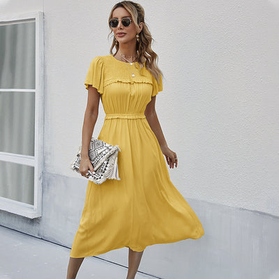 Lucy - Langes Kleid mit kurzen Ärmeln und hoher Taille