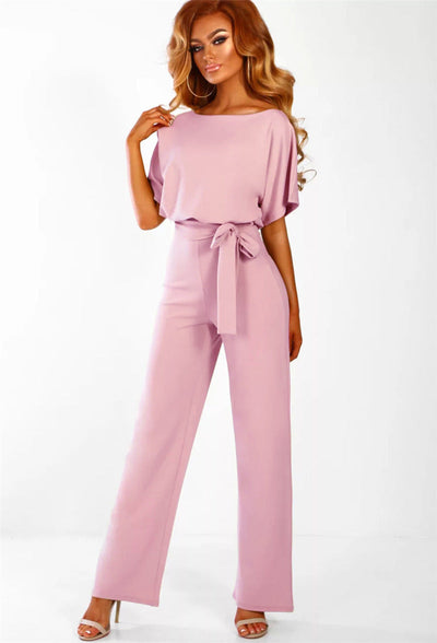 Damen Jumpsuit mit weitem Bein und Bindegürtel – Eleganter Einteiler für Büro, Alltag & Events