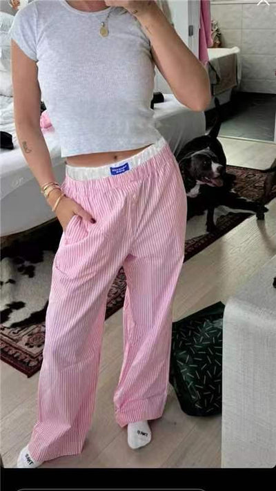 Nicole – Breite Bequeme Hose mit vertikalen Streifen und elastischem Bund