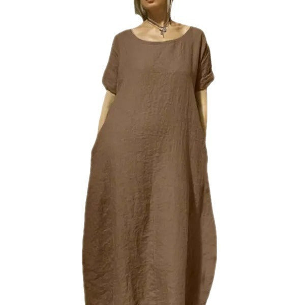 Rachel – Leichtes Baumwoll- und Leinen-Kleid mit Rundhalsausschnitt und kurzen Ärmeln