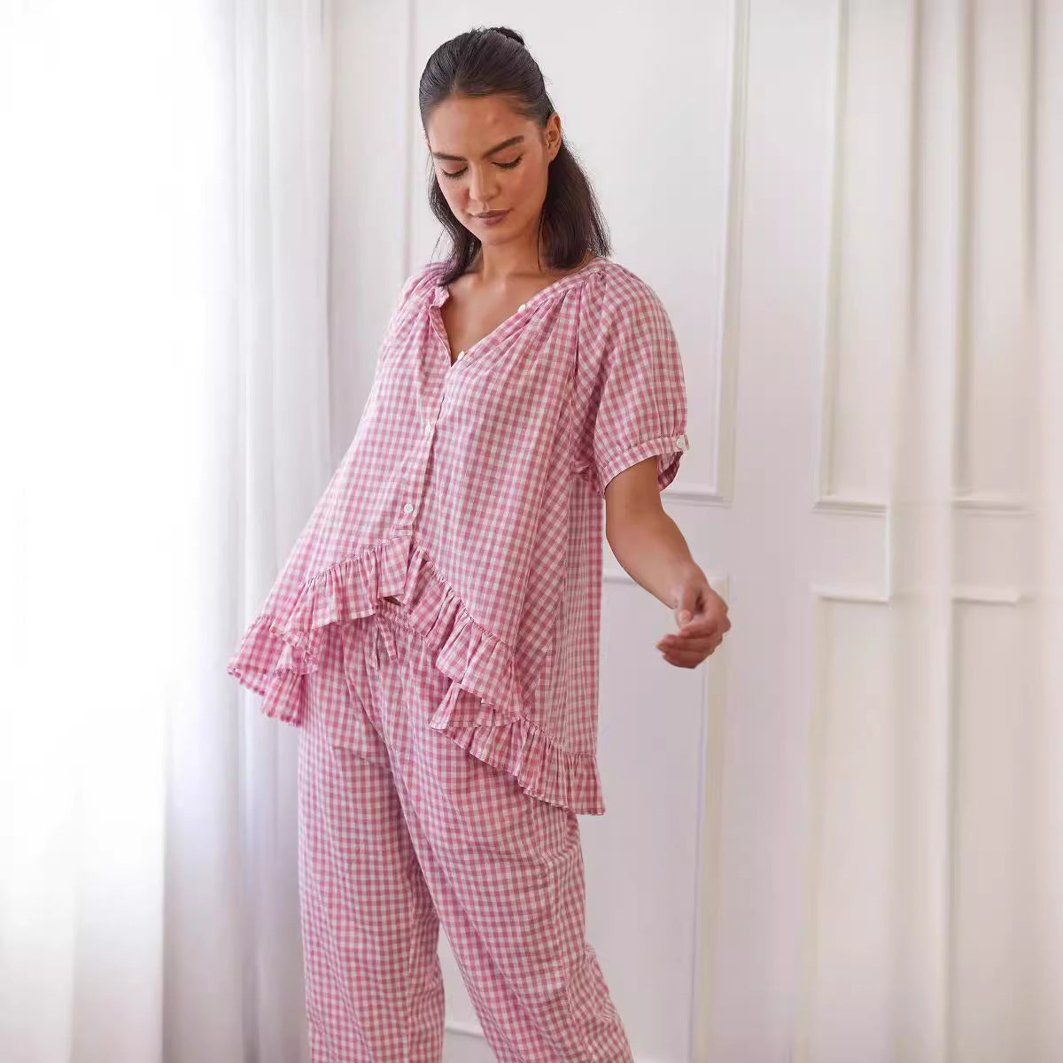 Jean – Bequemer und lässiger rüschierter Button-Top-Hosenanzug