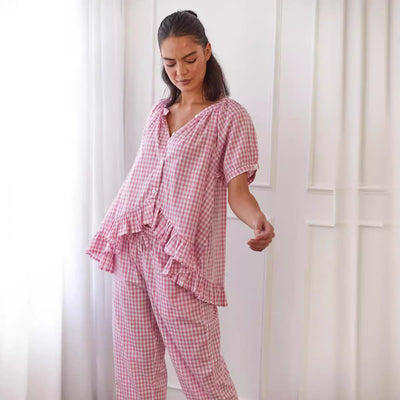 Jean – Bequemer und lässiger rüschierter Button-Top-Hosenanzug