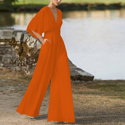 Eleganter Damen-Jumpsuit mit weitem Bein, V-Ausschnitt und halblangen Ärmeln