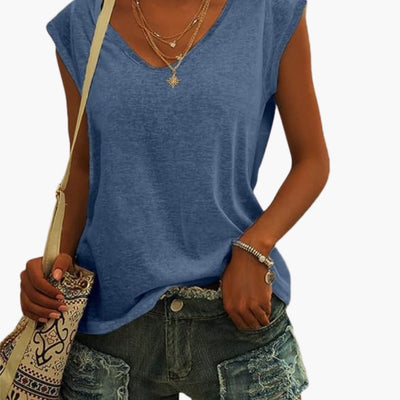 Damen V-Ausschnitt Top mit Cap-Ärmeln und Stretchmaterial