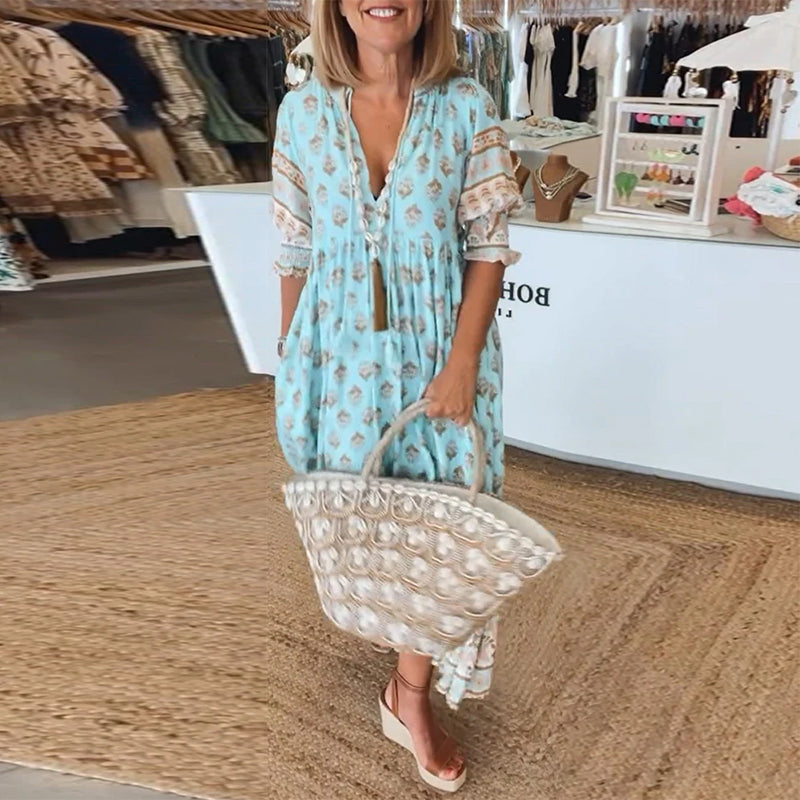 GIULIA | Gestreiftes Midikleid mit V-Ausschnitt und eleganten Puffärmeln