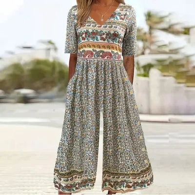 Nerina – Vintage Jumpsuit Im Boho Stil Mit Blumen Drucken