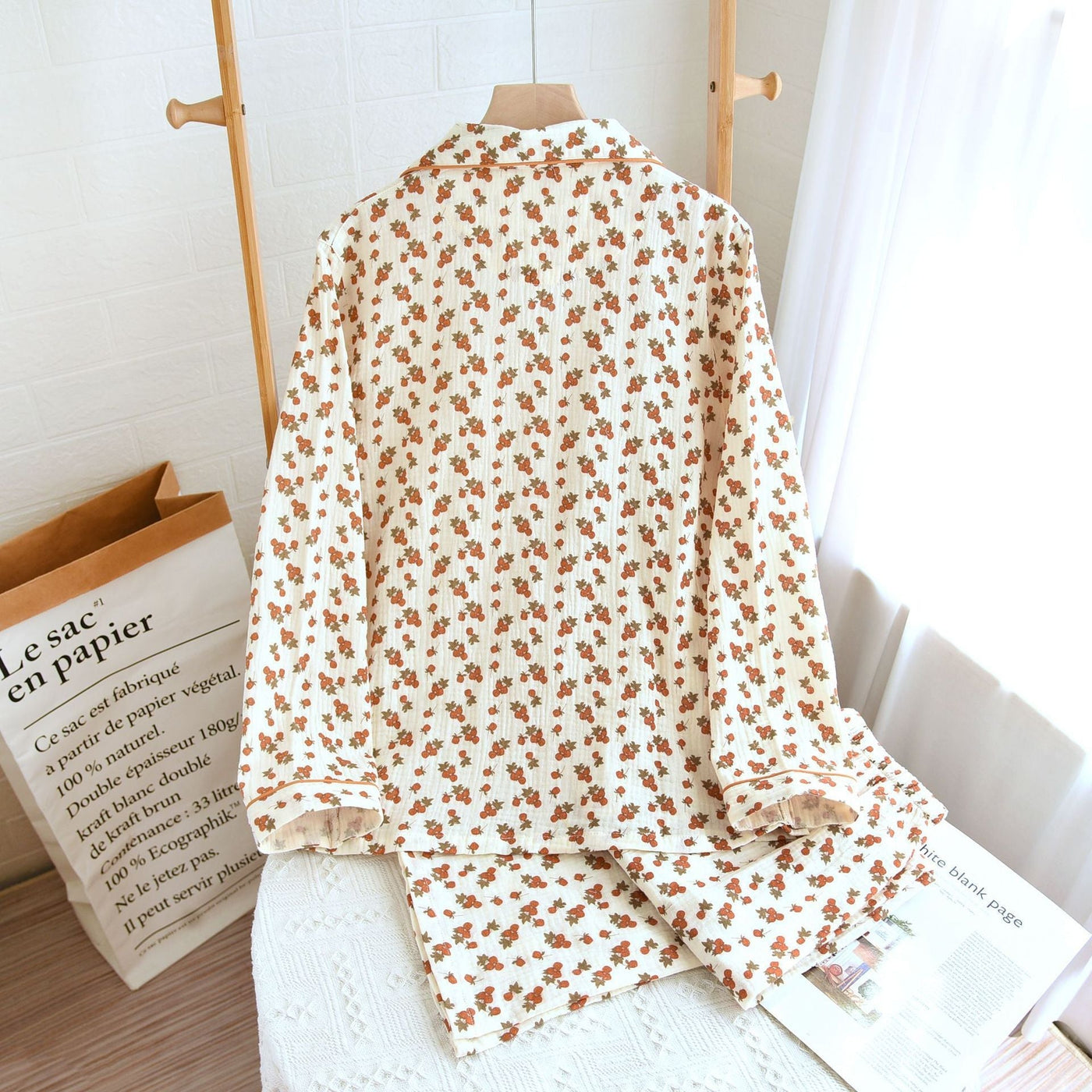 Christine – Einfaches Zweiteiliges Set aus Doppel-Layer-Garn-Crepé für Zuhause mit langen Ärmeln