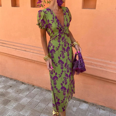 Betty – Langes elegantes Slim V-Ausschnitt Kleid mit Farbkontrast und kurzen Ärmeln