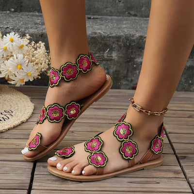 Sandra – Ethnische Stil Blumen Flache Sandalen für den Sommerurlaub