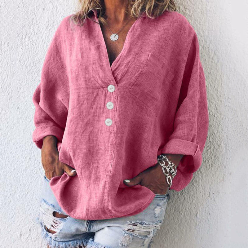 Damen Leinenbluse im Oversized-Look mit V-Ausschnitt und Knopfleiste – Luftiges Langarmshirt in großen Größen