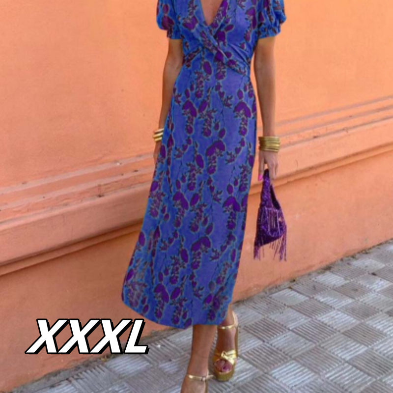 Betty – Langes elegantes Slim V-Ausschnitt Kleid mit Farbkontrast und kurzen Ärmeln