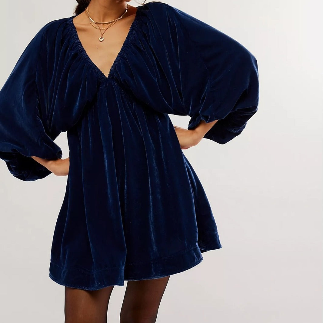 Nicole – Bequemes und lässiges Gold-Velours V-Ausschnitt Kleid