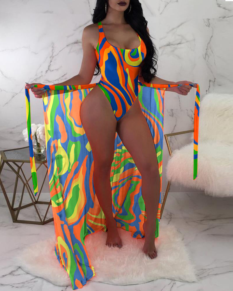 Donna – Drei-teiliges Set mit Mesh-Oberbekleidung und buntem Druck