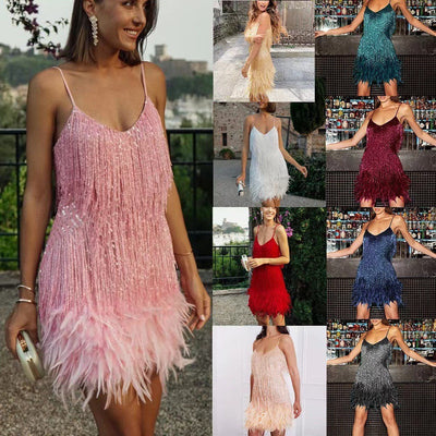 Damen Partykleid im Sling-Stil mit Fransen und Federn – Glamouröses Abendkleid für festliche Anlässe