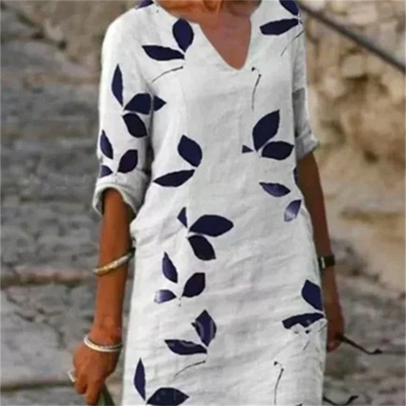 Damen Freizeitkleid mit Blattmuster – Modisches Sommerkleid für Alltag und Urlaub